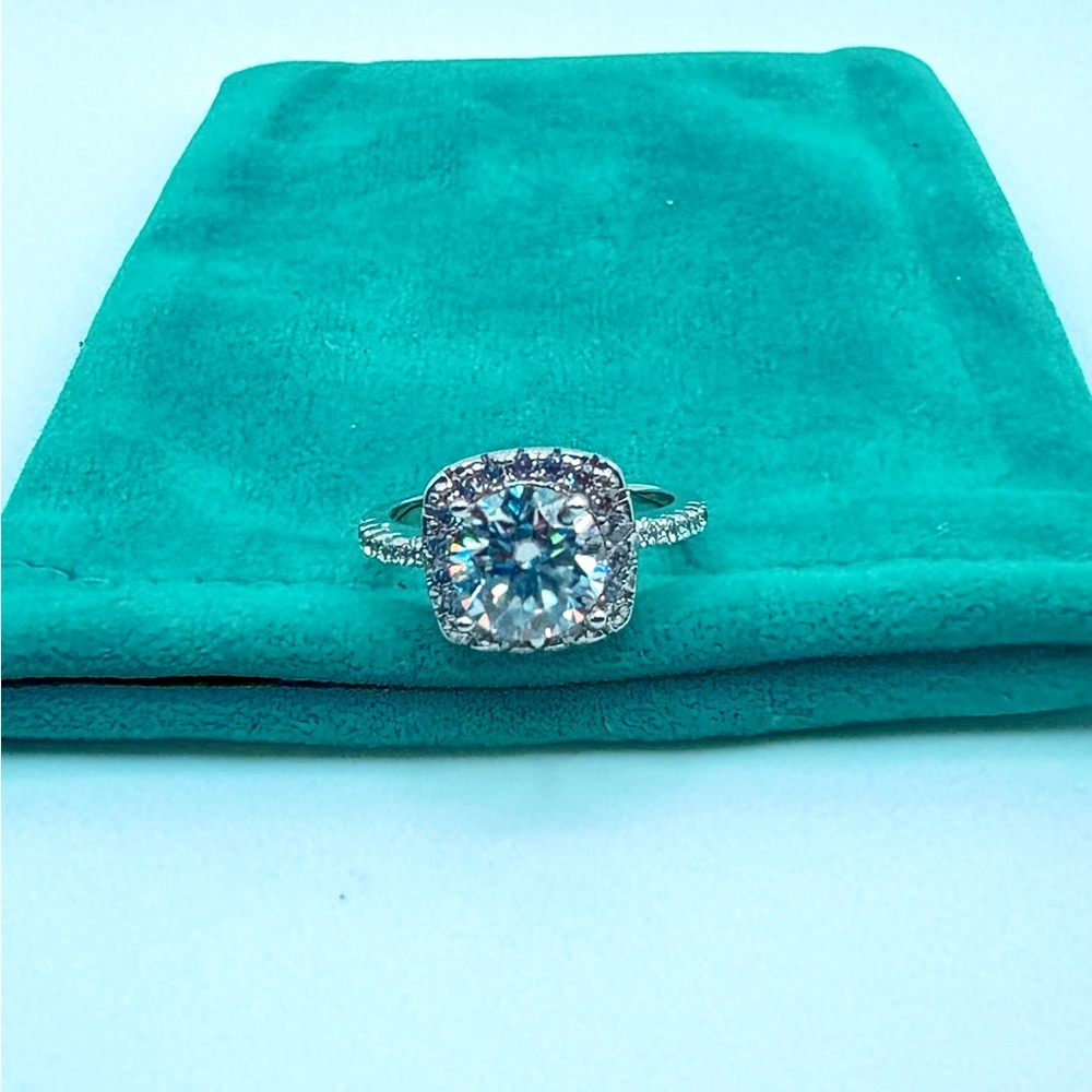 2ct Cushion Halo Moissanite Ring • Size 6 • 14K White Gold Plated